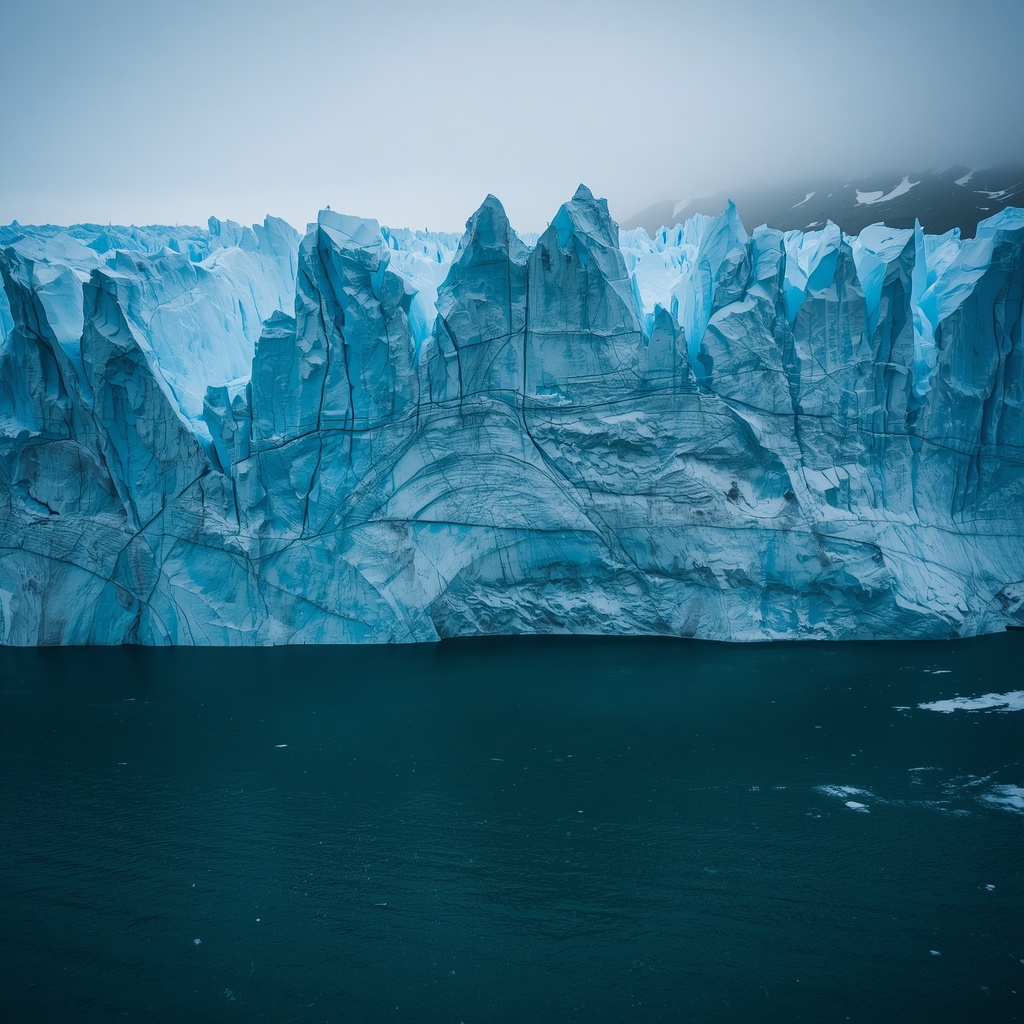 Generate with Nano Banana 2: ultra realistic aerial photograph of a melting arctic glacier face revealing layered turquoise and deep blue ice, meltwater lagoon at the base, moody dramatic overcast light, climate research scene, no people