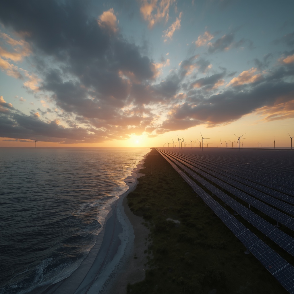 Generate with Nano Banana 2: sweeping photorealistic landscape of an offshore wind farm at sunrise with a solar array lining the coastline, dramatic coastal sky, ultra realistic wide shot, renewable energy future, no people